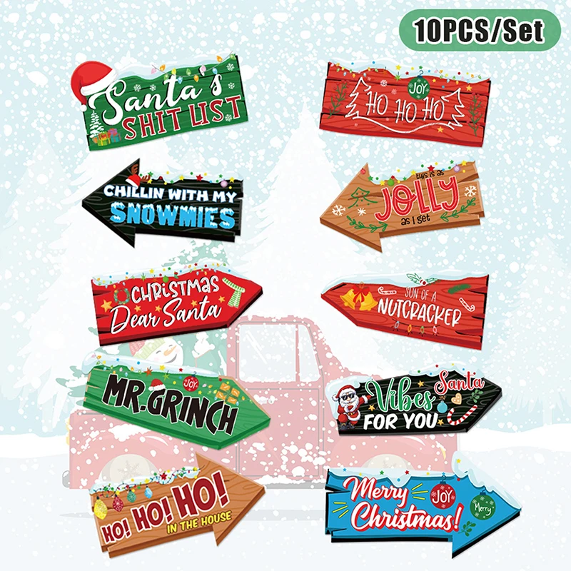 Y 10Pcs Christmas Cartoon Signage Direction Xmas Party Paper Sign Set Christmas Decorations