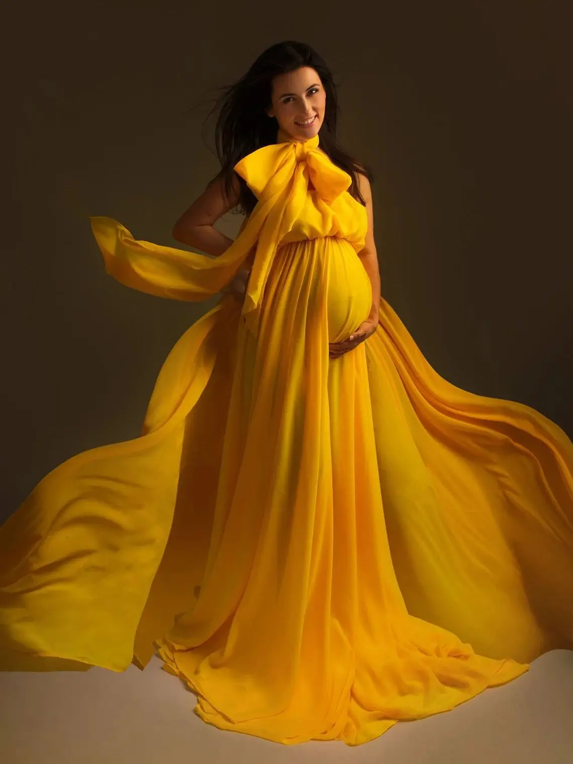 Yellow Maternity Photoshoot Dress for Women Fluffy Elastic Waist Prom Gown Strapless Custom Made Robes