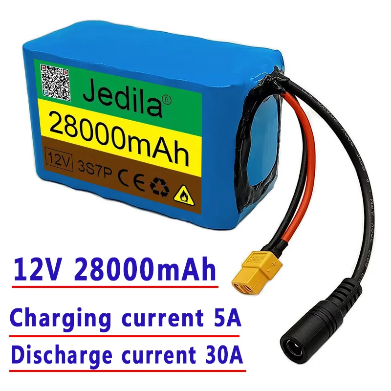 100%New12V 28Ah New Battery Pack 3S7P 28A Same port charge and discharge Balanced BMS 12V Power supply E-boat + 2A Charger