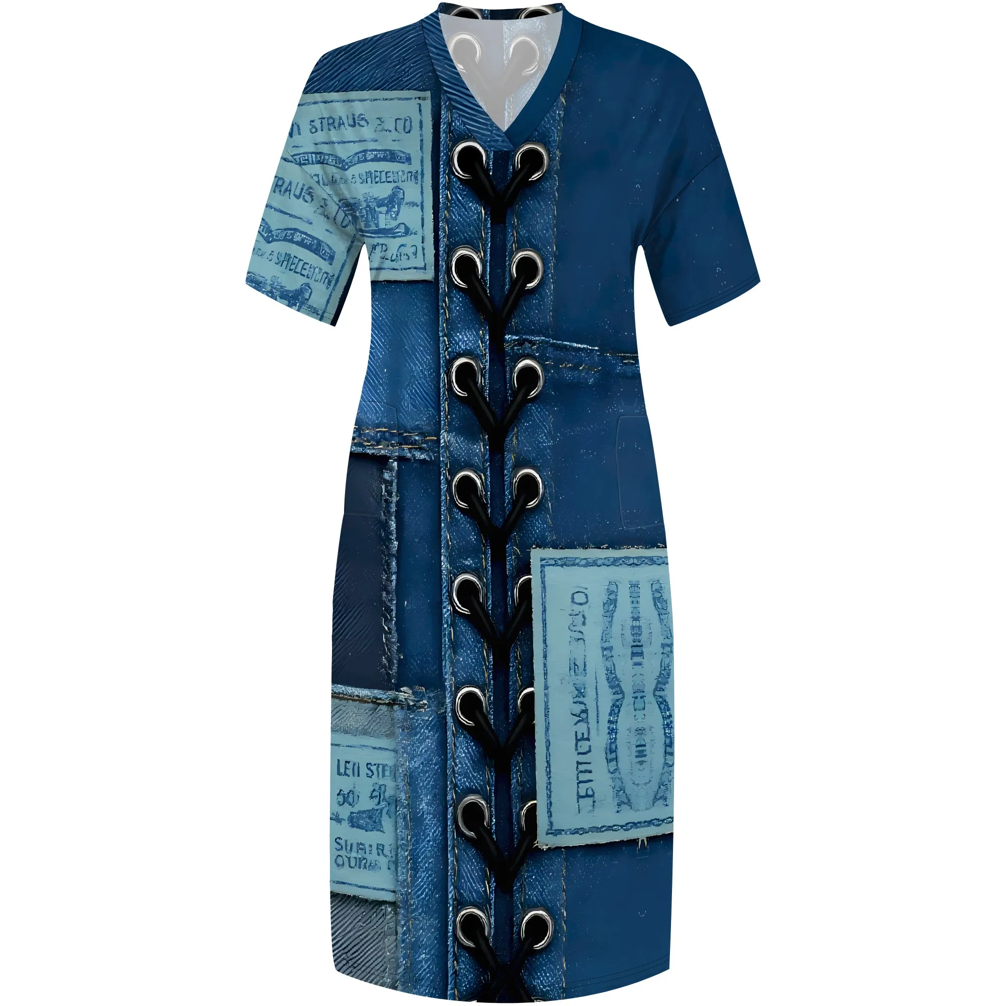 Nupusa Plus Size Maxi Dress Denim Patchwork Print V Neck Short Sleeve Pocketed Dress