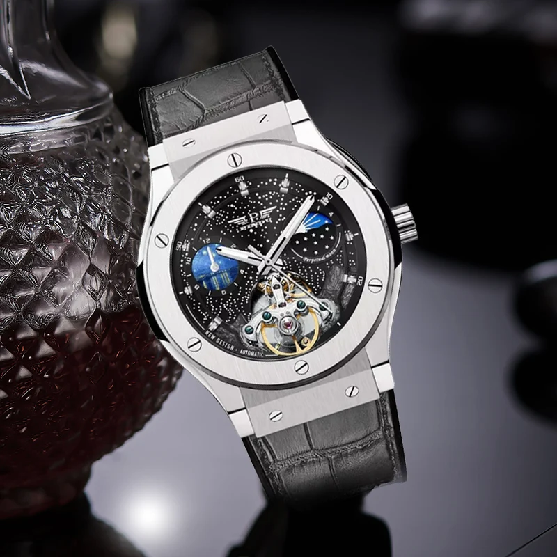 PINDU Design Luxury Brand Mechanical Men‘s Watches Automatic Watches Luminous Waterproof Moonphase Mechanical Wristwatch P6537