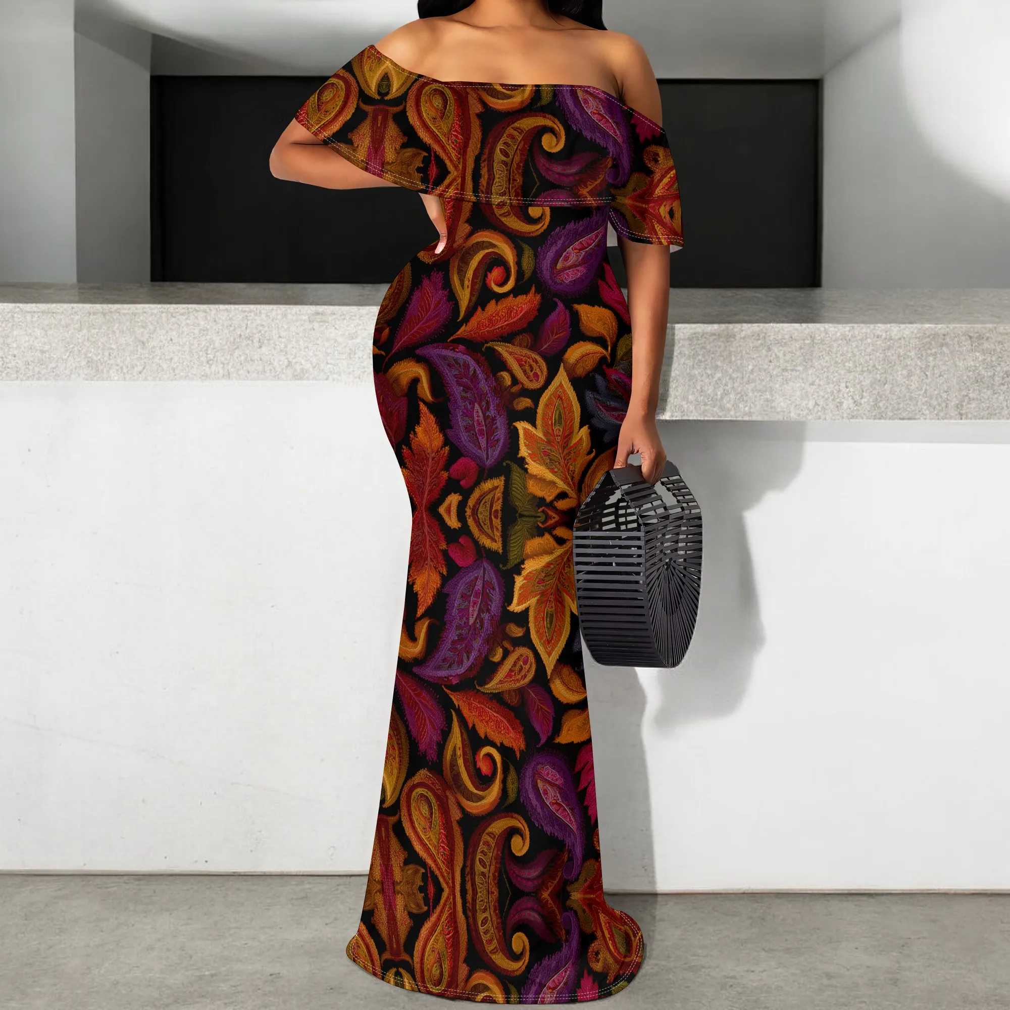 

Purple Leaf Print Maxi Dress S-3XL Off Shoulder Fish Tail Style with Ruffle for Evening Gala, Holiday Dinner or Romantic Date