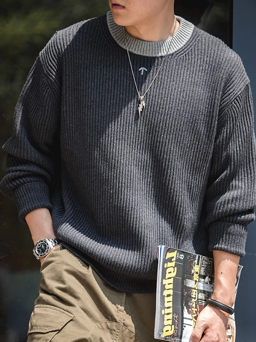 

Мужской трикотажный джемпер свободного кроя с круглым вырезом, повседневный, винтажный, в рабочем стиле, с длинным рукавом, базовый слой, модная молодежная одежда