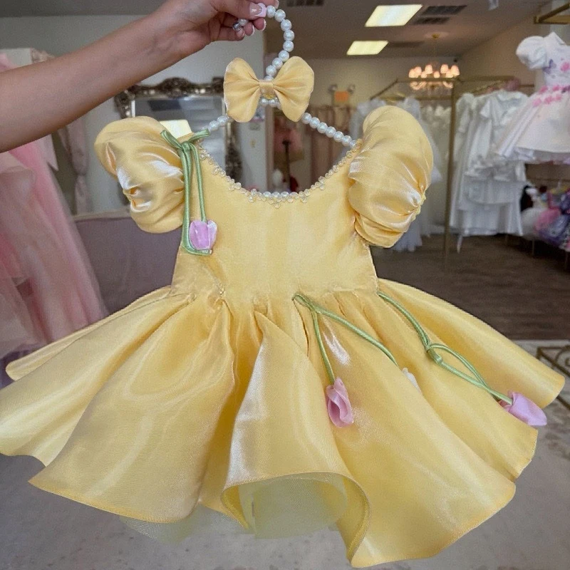 Girl's Sweet Style Yellow Puff Sleeve Dress Birthday Princess Dress Puffy Dress French Style One-Year-Old Party Dress Summer Dre