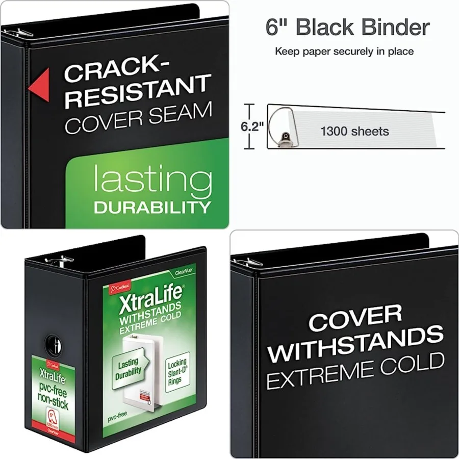 

3 Ring Binder, 6 Inch Heavy Duty XtraLife Binder, Locking Slant-D Rings, Crack-Resistant Cover and Spine, ClearVue Covers with