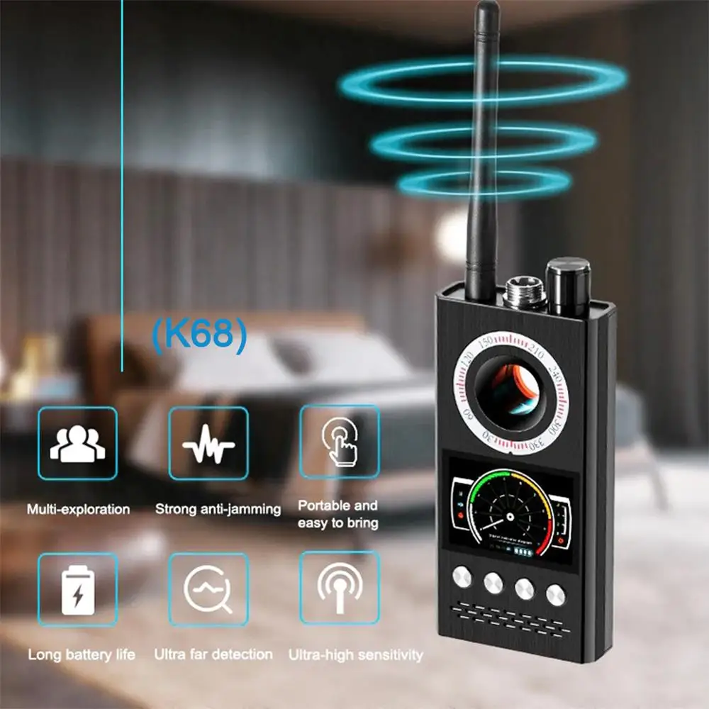 K68 kamera detektor multifungsi, kamera tersembunyi sinyal RF nirkabel Bug GPS Alarm pemindai Hotel tersembunyi