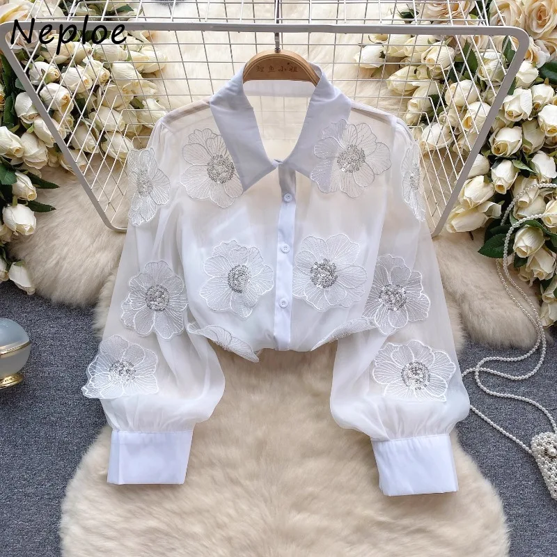 Neploe Heavy Beading Sequin 3D Flower Shirt for Women 2024 Spring New See Through Mesh Blouses Y2k Long Sleeve Blusas Mujer