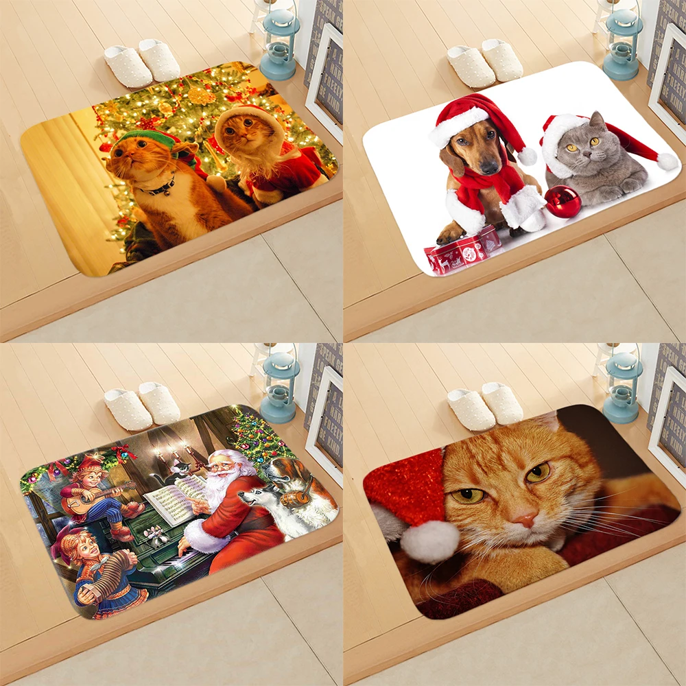 Merry Christmas Door Mat Cat Dog   Snowman Floor  Santa Claus Carpet Indoor Home Kitchen Decorative  