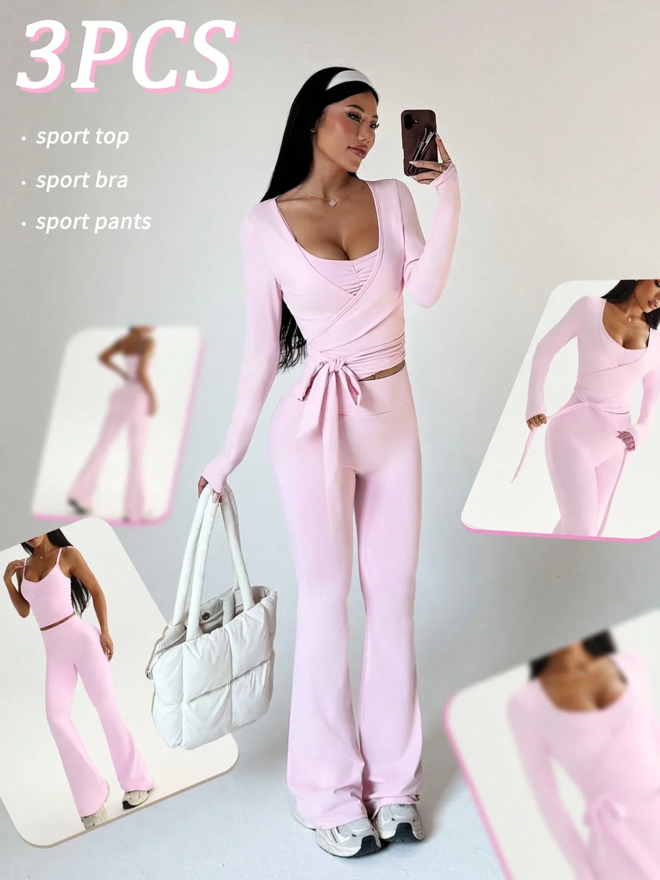 

3pcs Women's Sport Set Long Sleeve Top Adjustable Strap High Waist Flared Pants Pink
