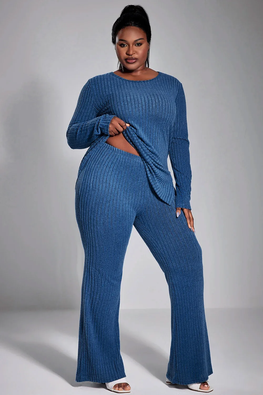 

Plus Size Fall Winter Casual Pant Set Royal Blue Solid Color Slim Fit Knitted Round Neck Top Two Piece Pant Set