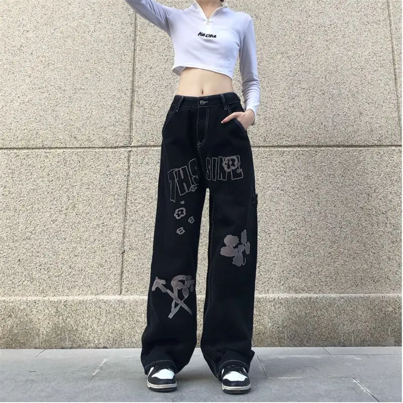 

Streetwear Fashion Women Vintage Black Jeans High Waist Spring Autumn New Hip Hop Loose Straight Casual Wide Leg Trousers Female