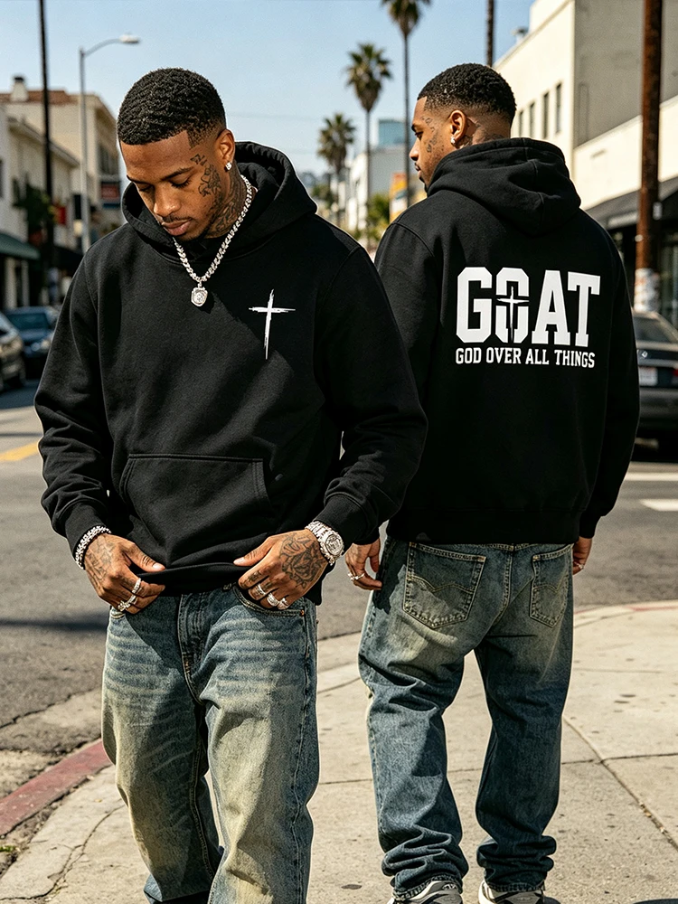 Men's Black Oversized Hoodie GOAT God Over All Things Christian Cross Graphic Pullover Sweatshirt Streetwear Casual-T121