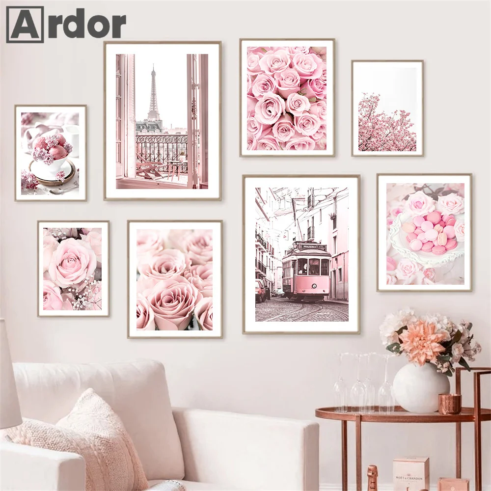 

Pink Paris Tower Car Blossom Peony Ice Cream Cake Poster Bicycle Wall Art Canvas Painting Nordic Print Picture Living Home Decor