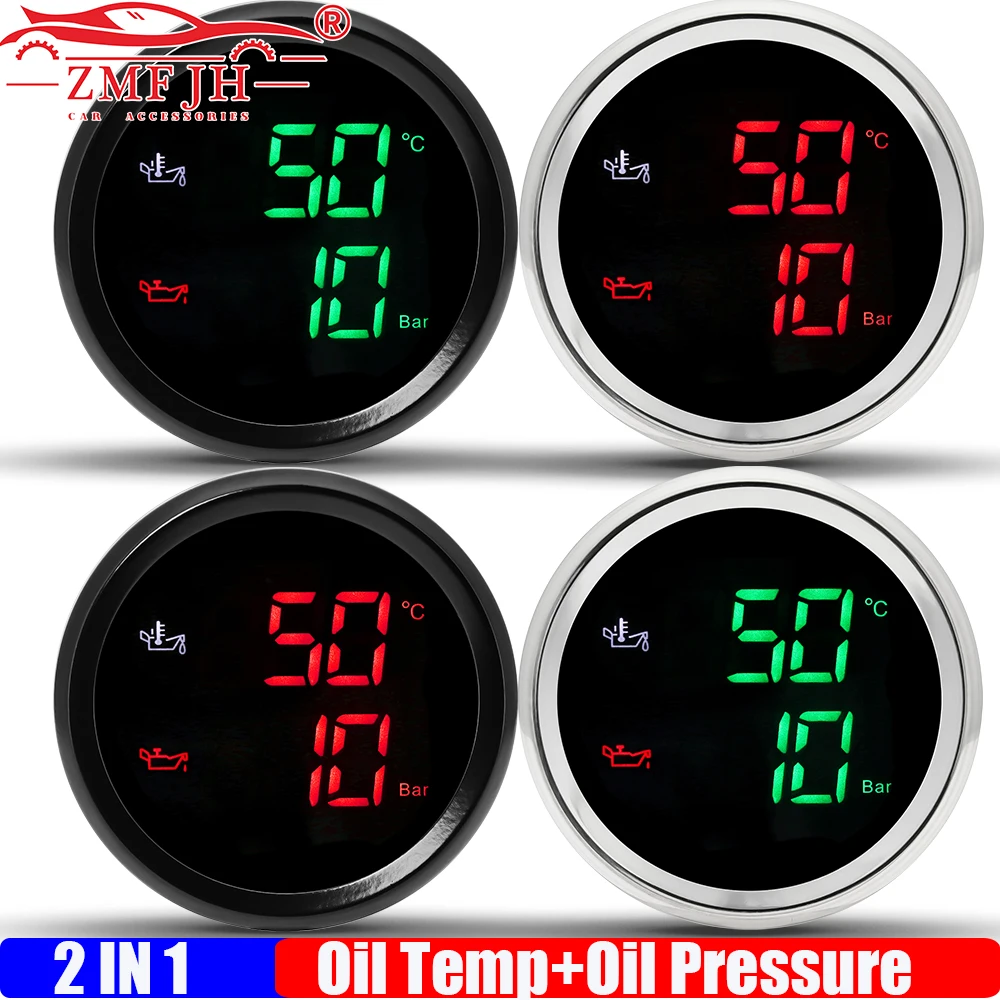 

ZMFJH цифровой двойной манометр 52 мм 2IN1 измеритель температуры масла + давления масла с мигающей сигнализацией зеленый, красный светодиод для авто, морской лодки
