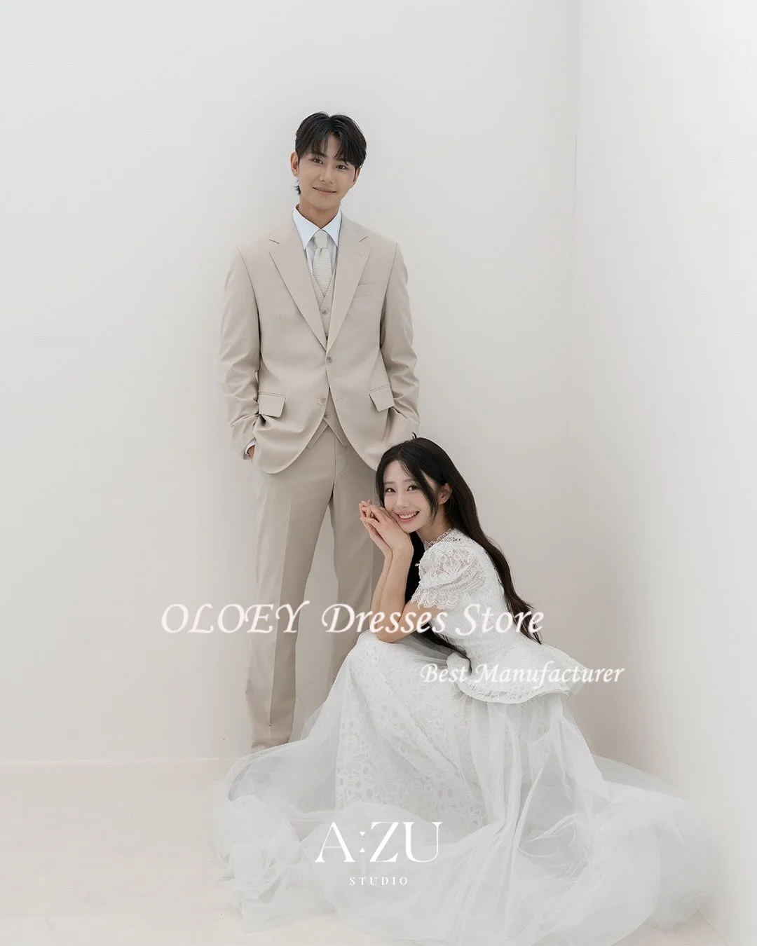 OLOEY – robe de mariée froncée, col rond, élégante, Simple, ligne a, manches bouffantes, ivoire, personnalisée