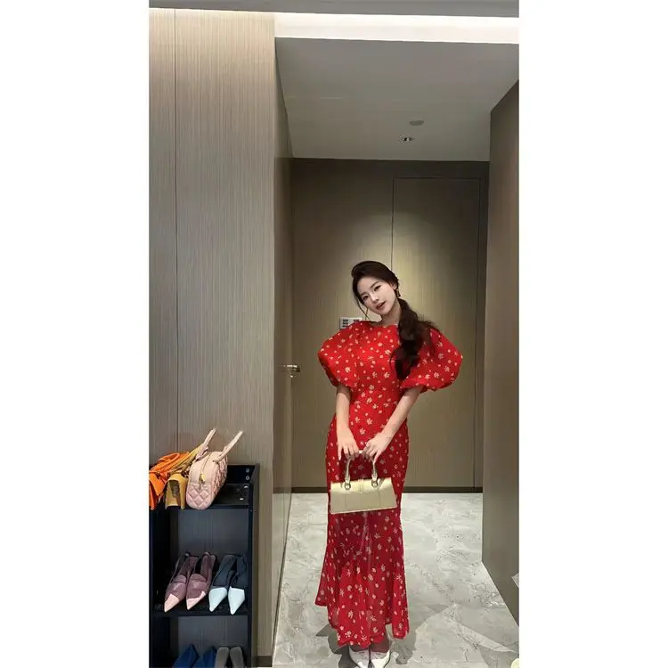 Korejepo Celebrity Red Printed Fishtail Dress Women Summer New Skinny Temperament Medium Dresses Elegant Temperament Vestido