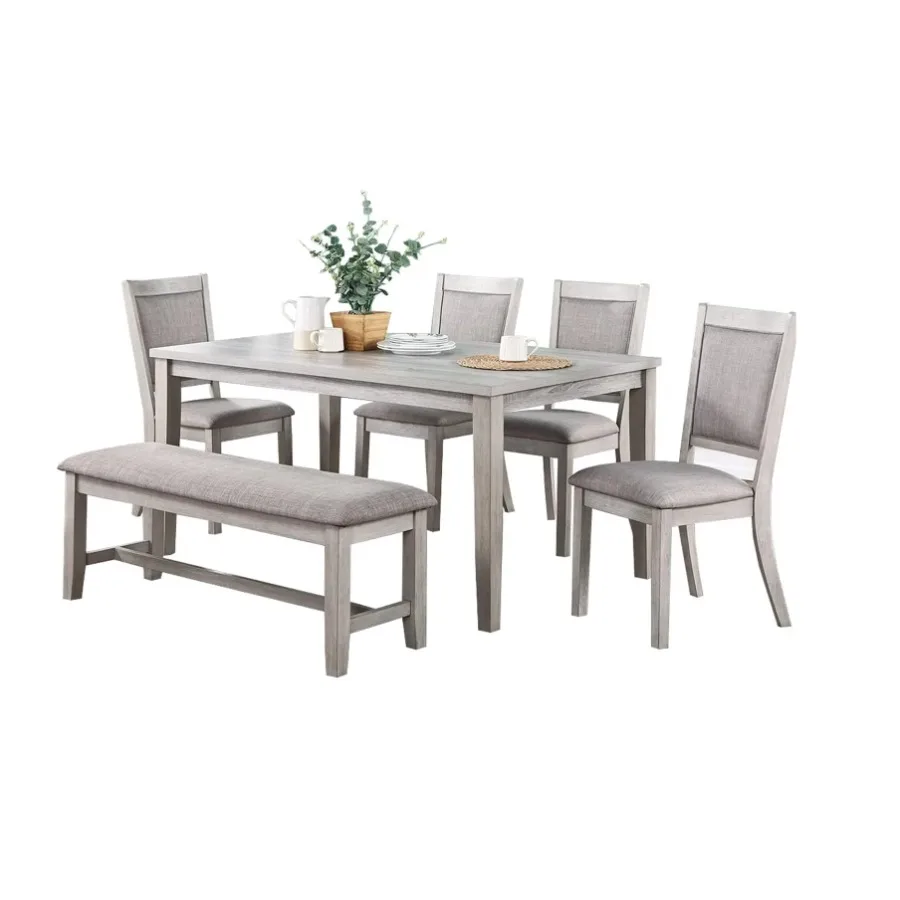 Contemporary Dining 6pc Set Table 4x Side Chairs Bench Natural Finish Padded Cushion Seats Rectangular Dining Table Dining Room