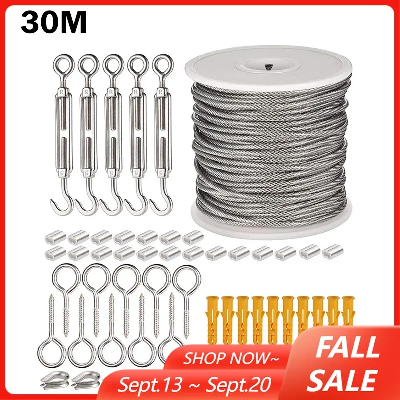 30/15M câble métallique crochets suspendus corde à linge en acier inoxydable câble tente cordon Kit extérieur jardin câble garde-corps ensemble plus serré