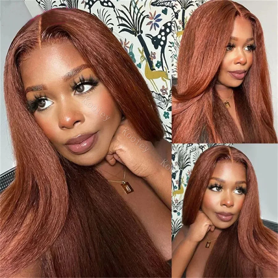 

Reddish Brown Kinky Straight Human Hair Wigs Pre Plucked 13X6 Yaki HD Transparent Lace Frontal Wig 5x5 Glueless Lace Closure Wig