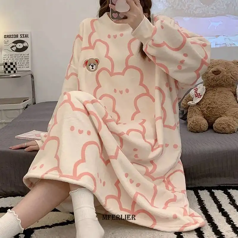 Plus Size 6XL 150kg Winter Autumn Thick Nightgowns Women Sweet Long Sleeve Fleece Sleepgown Winter Lounge Female Warm Dresses