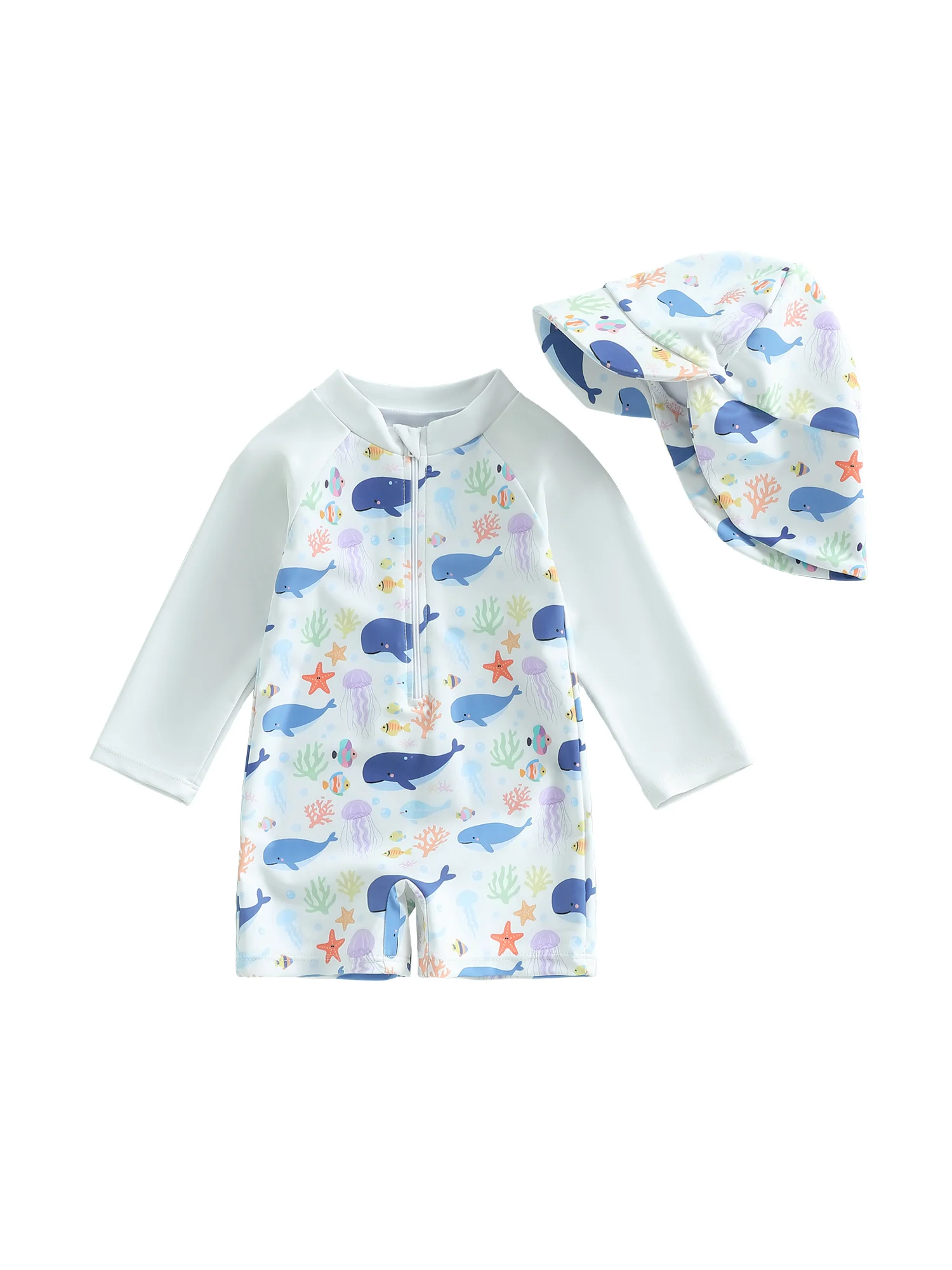 Baby Girl Rash Guard Swimsuit Mermaid Seahorse Print Zipper Long Sleeve Bathing Suit with Swim Cap and UV Protection