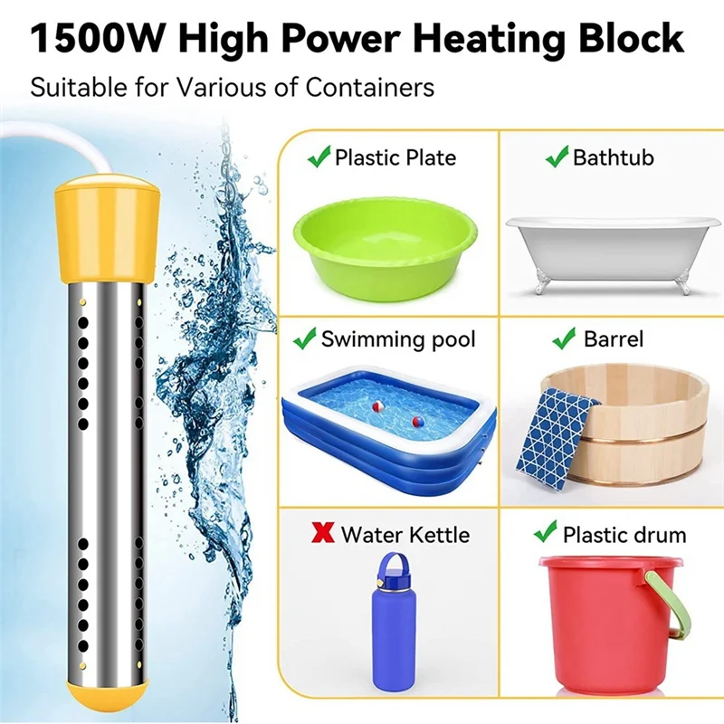 BFYL-Immersion Water Heater, 1500W Electric Submersible Water Heater with Timer, Stainless Steel Guard Cover EU Plug