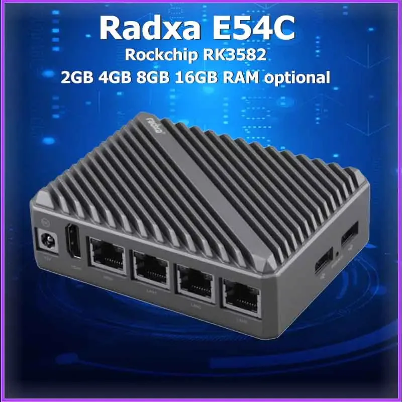 

Radxa E54C Rockchip RK3582 2GB 4GB 8GB RAM AI Edge Network Computer 6-core A76 and A55 CPU,5Tops NPU USB 3.0 4×GbE