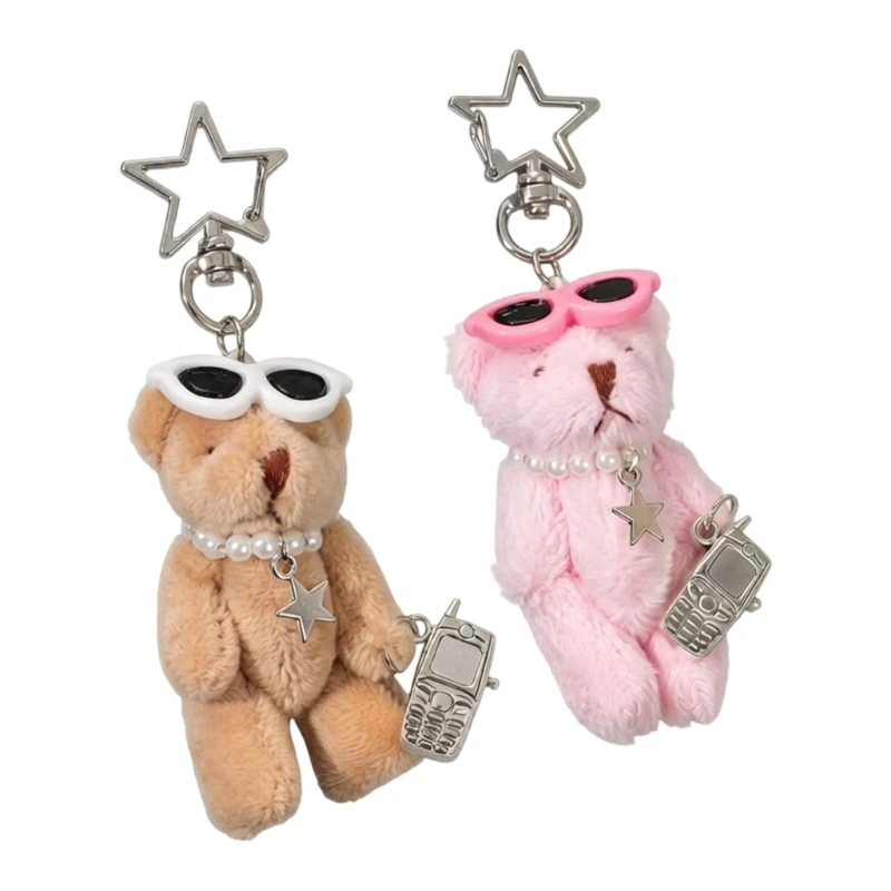 49MD Delicate Plush Bear Accessory With Beads Phone Charm Bag Decors For Friend