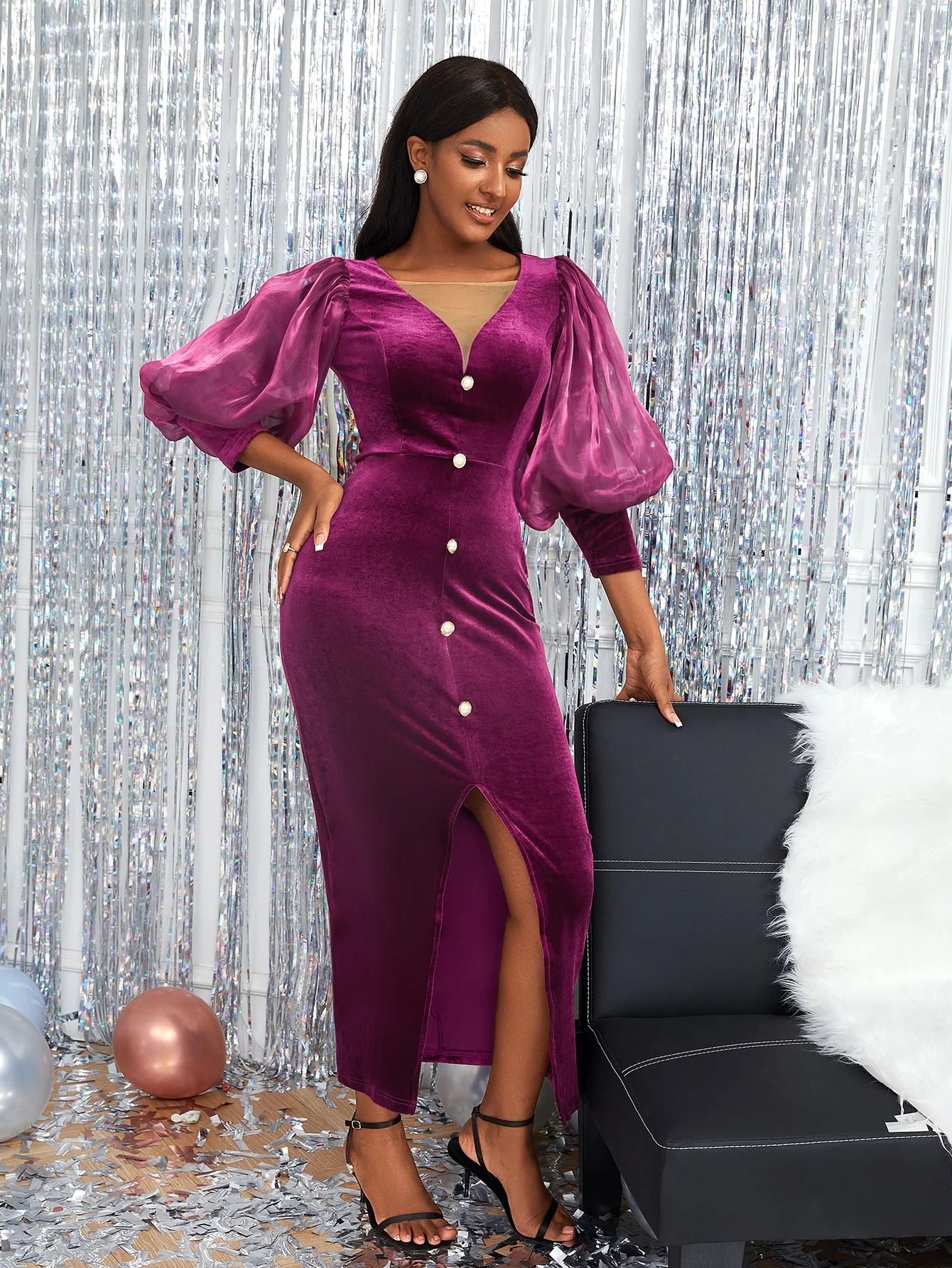 Purple Velvet Dresses for Women Elegant Ladies Lantern Sleeve High Waist Bodycon Sex Slit Long Outfits Evening Cocktail Party