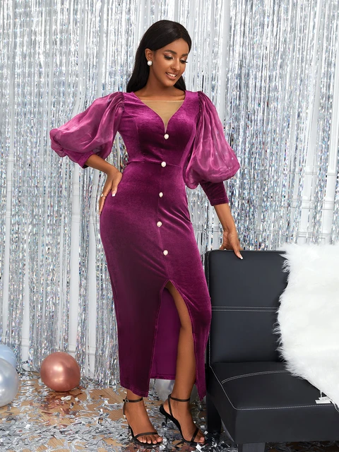 Purple Velvet Dresses for Women Elegant Ladies Lantern Sleeve High Waist Bodycon Sex Slit Long Outfits Evening Cocktail Party AliExpress 200000345