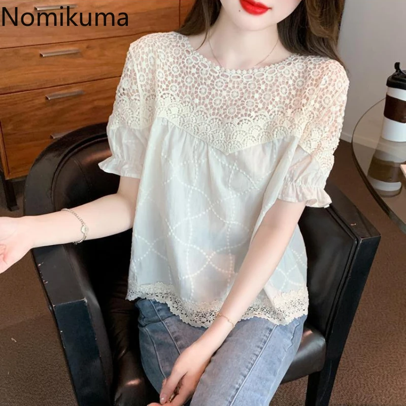 Summer Women Blouse Oversized Tops 2024 Blusas Mujer De Moda Patchwork Lace Short Sleeve Shirts Hollow Out Loose Vintage Blouses