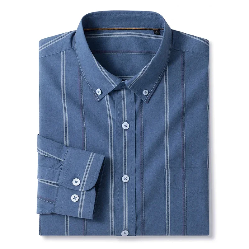 Camisas informales Oxford de manga larga para hombre, pantalones vaqueros a rayas de algodón suave, azul, moda de negocios, ropa inteligente, talla asiática