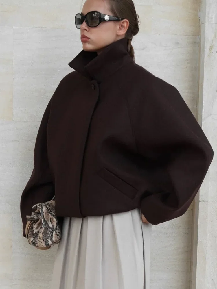 

Women Casual Solid Woolen Coat Elegant Stand Collar Long Sleeve Single-breasted Pockets Loose Jackets 2025 Lady Commuter Outwear