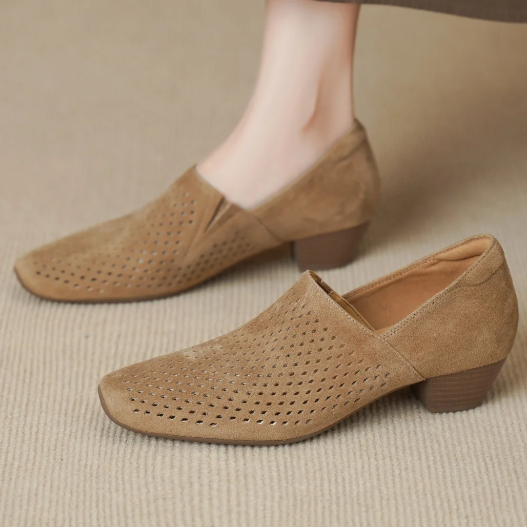 

danxuefei women's natural suede leather square toe slip-on pumps hollow-out breathable OL style daily low heels shoes for woman