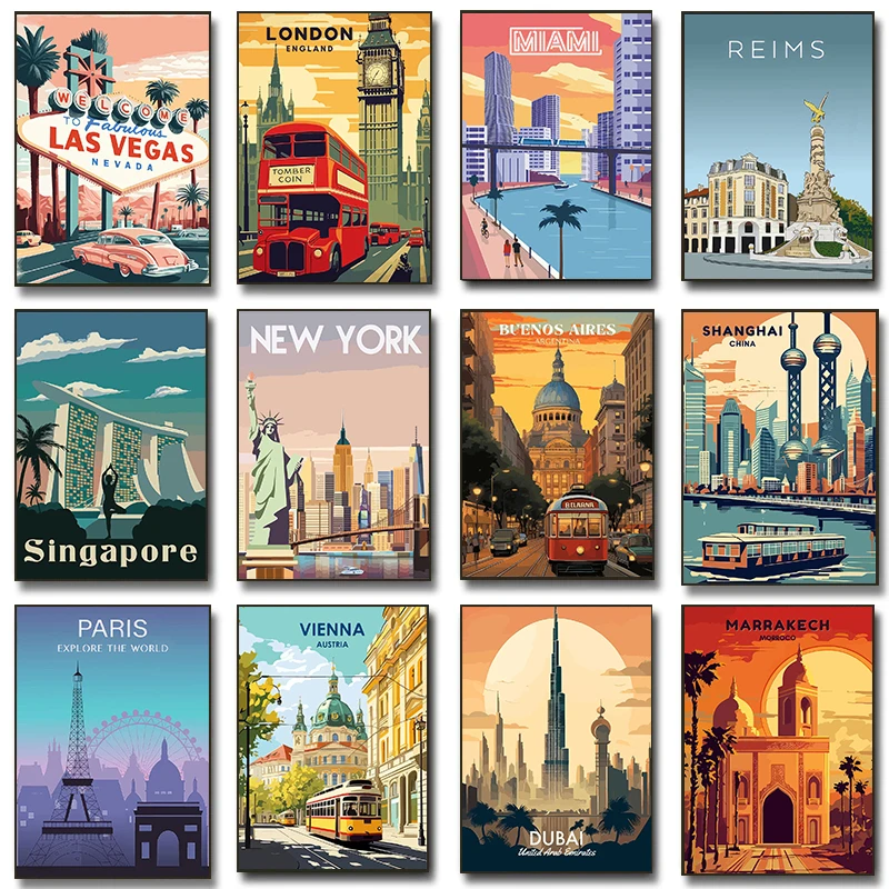 Retro Vibrant Cityscape Street Scene Posters London Double Decker Bus Prints Canvas Painting Wall Art Pictures Home Room Deco