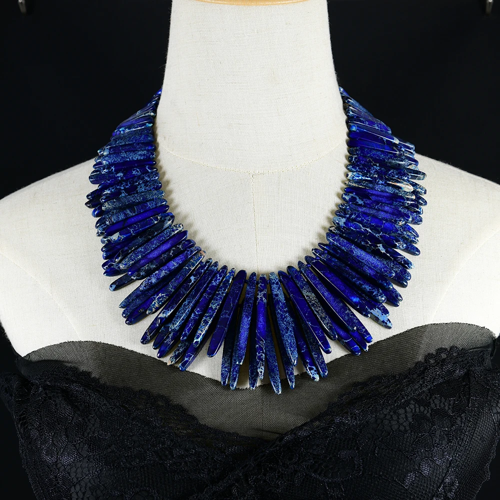 G-G 20' 2 Strands Blue Sea Sediment Jasper Top Drilled Stick Necklace Handmade Women Jewelry Gifts