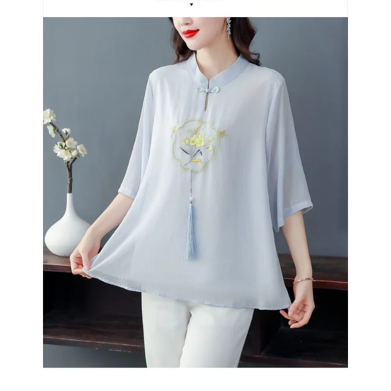 Zomershirt Dames 7-kwart mouw Nieuwe Chinese stijl Opvouwbare lente en herfst Dunne chiffon top