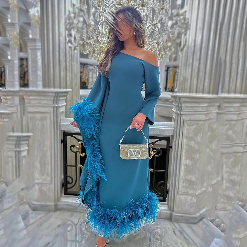 Vestidos de Noche azules de lujo para mujer, traje Formal con plumas personalizadas, para ocasiones formales, para baile de graduación árabe saudí,