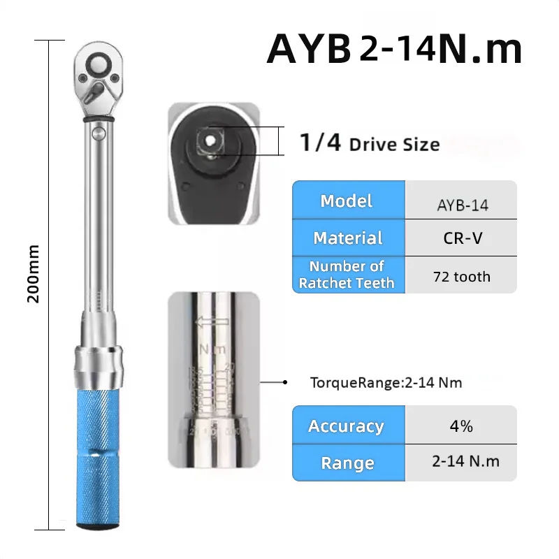 

ALIYIQI AYB 2-14N 1/4 Inch Square Drive Preset Torque Two-way Ratchet Socket Wrench 3% Hand Spanner Bicycle Repair Tools