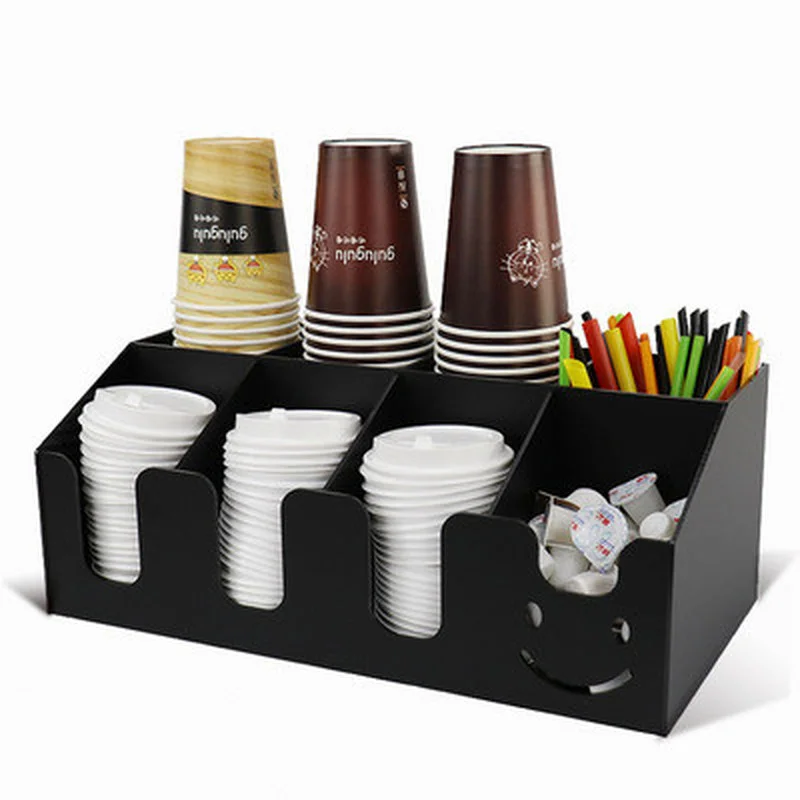 Black Acrylic Cup Holder Multi-compartment Storage Rack Straw Box Coffee Milk Tea Shop Container Display Stand
