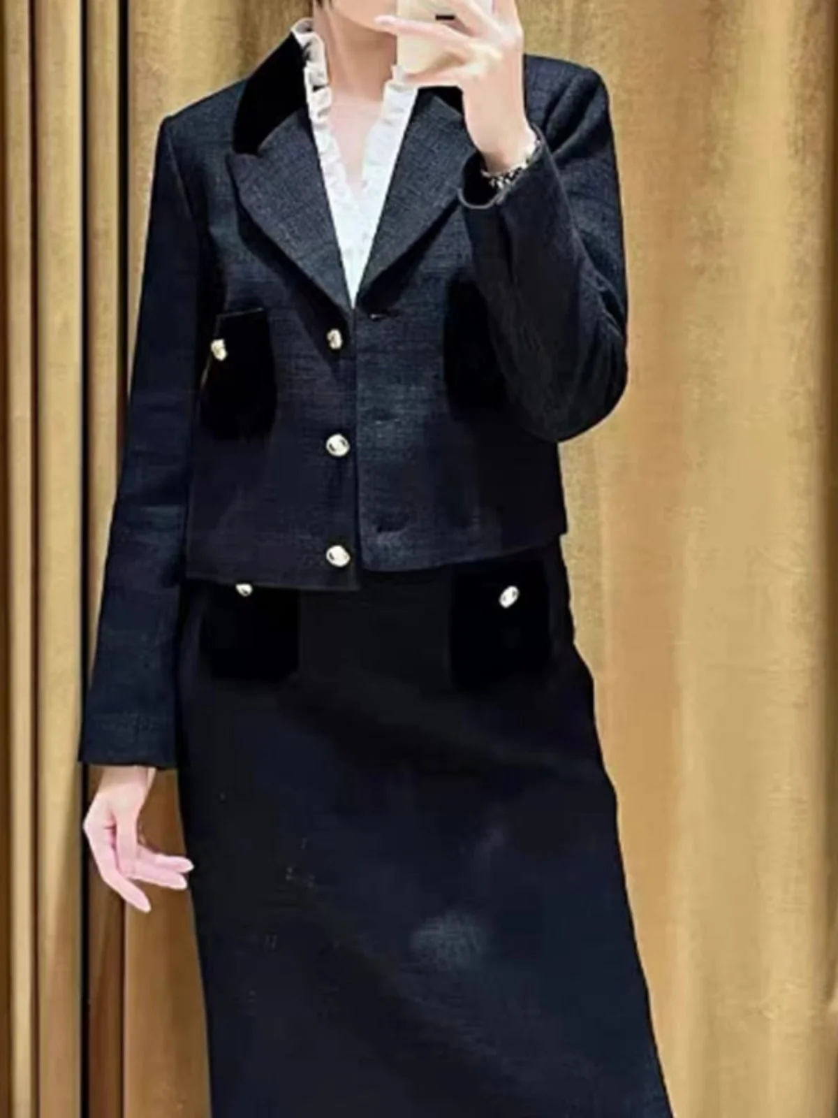 

DBNY Quali S Home Осенний элегантный комплект: твидовый пиджак и бархатная юбка с шелковыми вставками для деловых женщин