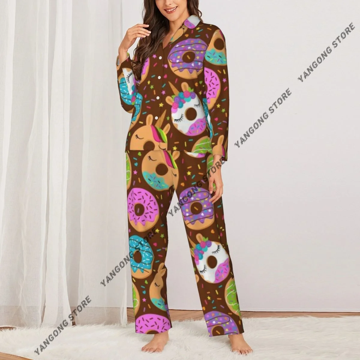 Women Sleepwear Loungewear Unicorn Donuts Long Sleeve Lapel Neck Shirt and Elastic Waist Pants Pajamas Set