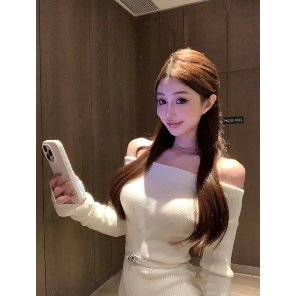 oulder ontbloot gebreide lange Sve Dr hoge taille rechte snit lange rok met riem herfst winter nieuwe Sle woon-werkverkeer wind La...