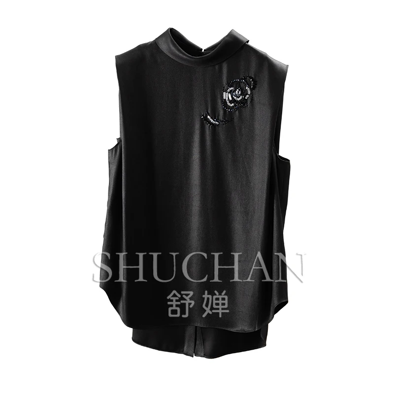 

New Bead Embroidery Double Sided Satin Fragrant Cloud Yarn Silk Sleeveless Shirt Women 65C5 Blusas Femininas