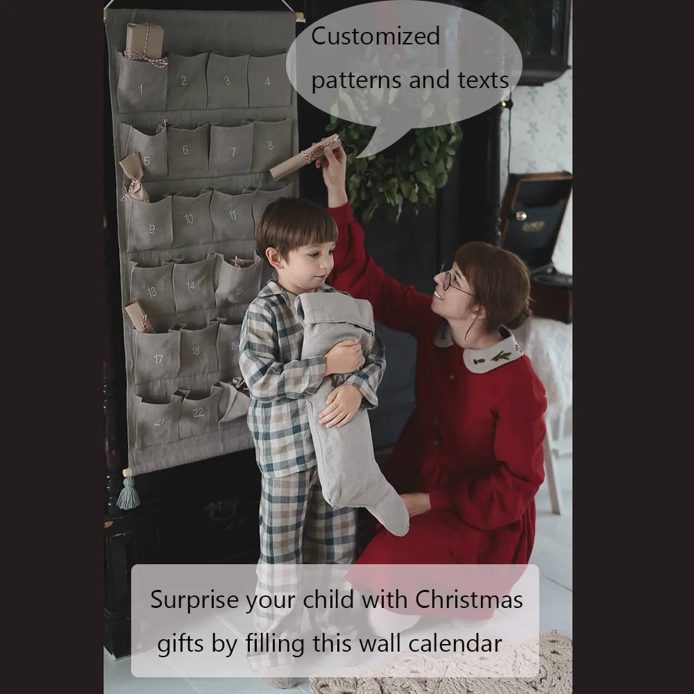 Рождественский орнамент на заказ, многоразовый тканевый адвент-календарь, настенный подвесной с 24 карманами для детей, семейный рождественский декор обратного отсчета