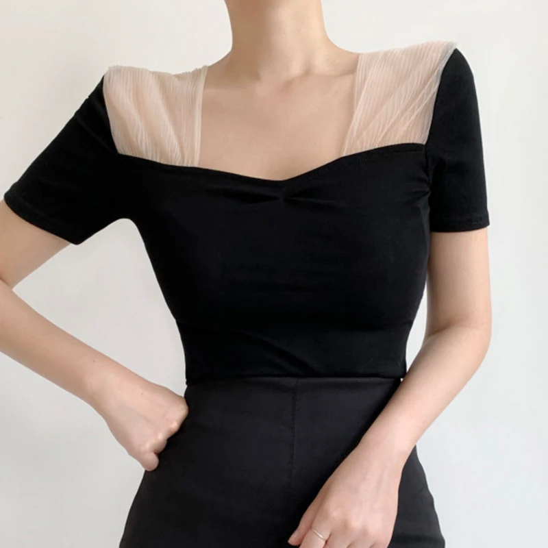 

Chic Summer Slim Fit ort Sve T-irt Women's Square Collar Me Splice Design Top Korean Sle Casual Faion