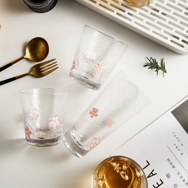 Japanese Whiskey Glass Cup Cherry Blossom Pattern Heat-Resistant Drinking Glass Cups Creative Gift Coffee Milk Tea Cup Drinkware