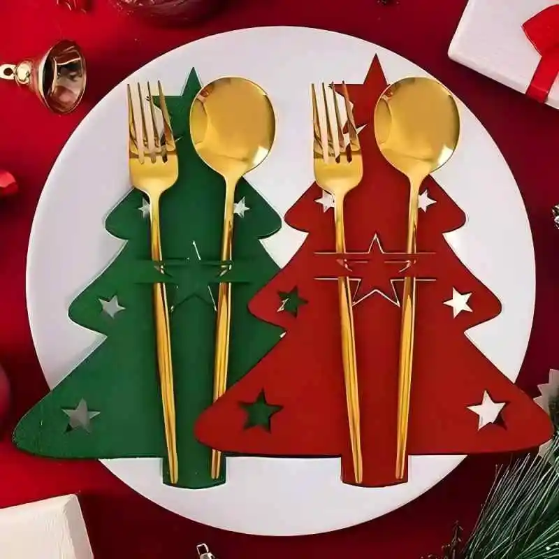 4 Styles Christmas Knife and Fork Holder Elk Xmas Tree Pocket Cutlery Bag Non-woven fabric Cookware Organizer Table Decorations