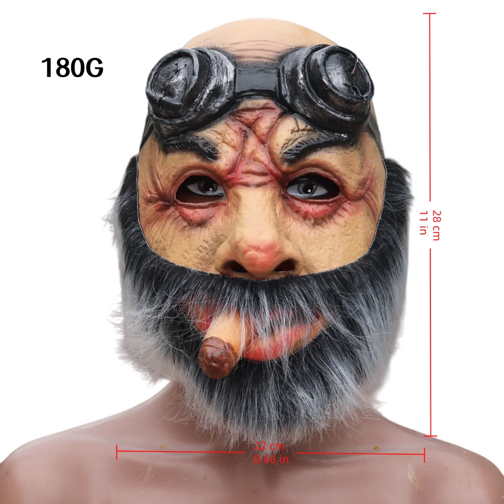 Funny Aviator Grandpa Full Face Latex Mask with Goggles  & Cigar Halloween Party Cosplay Accessory Costume Prop