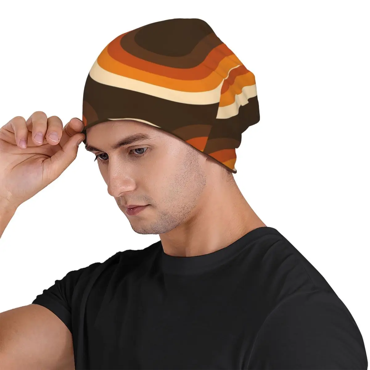 70s Pattern Orange And Brown Waves Unisex Adult Beanies Caps Knitting Bonnet Hat Warm Hip Hop Autumn Winter Skullies Hats